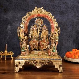 Brass Ram Darbar Stonework Set | 16" x 11.5" x 7.5" (40.6 x 29.2 x 19 cm) | 14.94 kg Complete Divine Family | Premium Temple Grade Murti